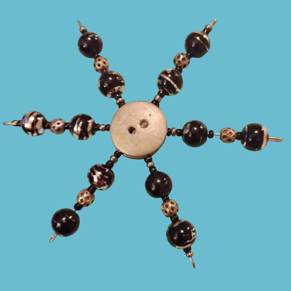 Christmas Ornament Star Handmade Beaded Black Silver Button Suncatcher 3 Inch